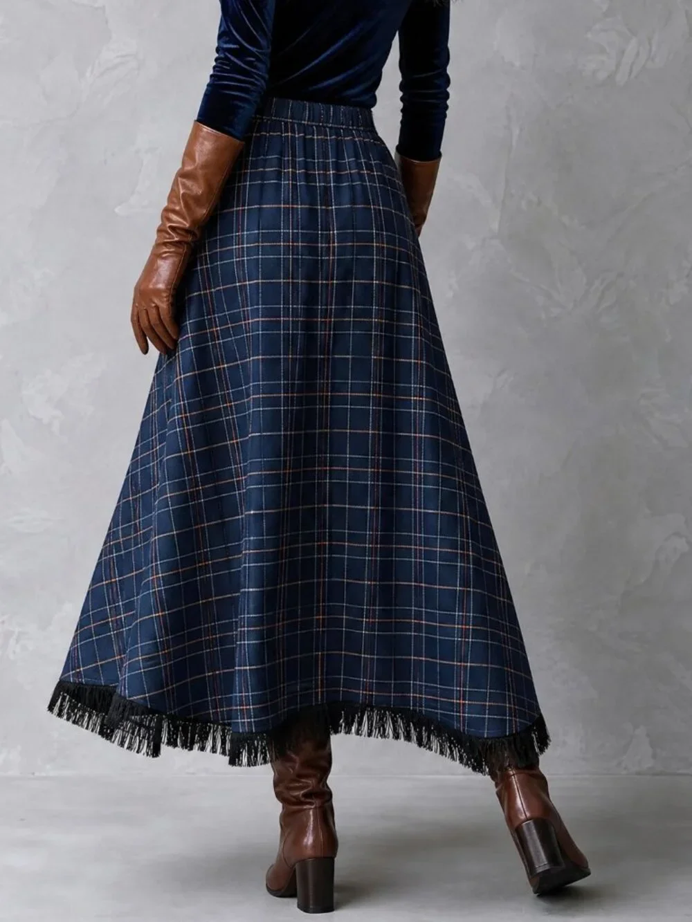 Navy Blue Elegant Women's Plaid Asymmetrical Hem Fringe Midi Skirt